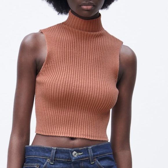 Zara HIGH NECK BASIC RIBBED KNIT CROP TOP - Picture 2 of 6